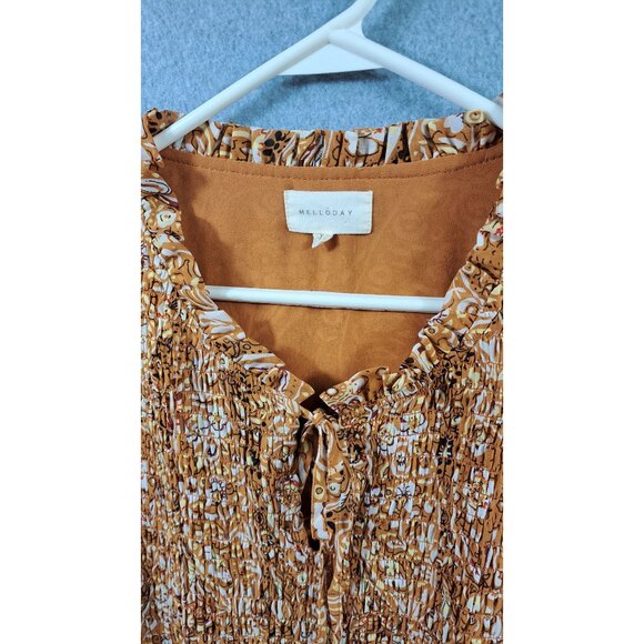 Melloday Blouse Women XL Smocked Paisley Peasant Elastic Sleeves Mustard & Ivory - Picture 10 of 14